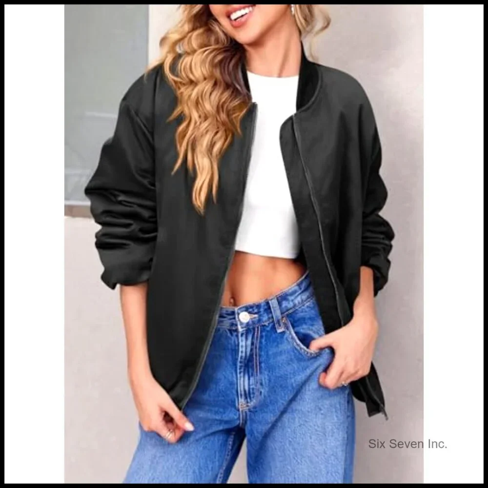 Oversized Zip Up Bomber Jacket Casual Fully Lined Winter Coat With Pockets - Picture 3 of 7